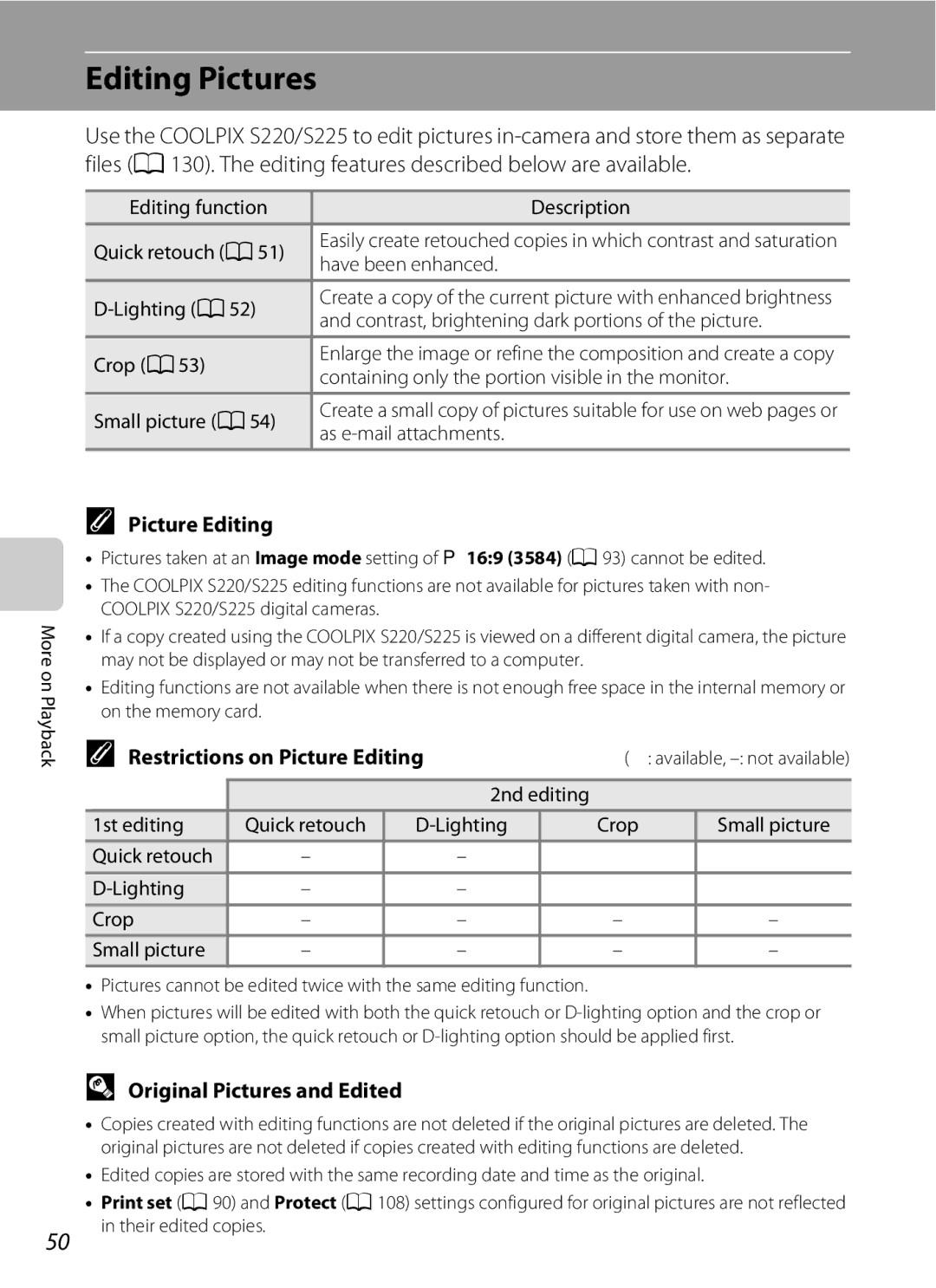 Nikon COOLPIXS220GB, COOLPIXS220P Editing Pictures, Restrictions on Picture Editing, Original Pictures and Edited 