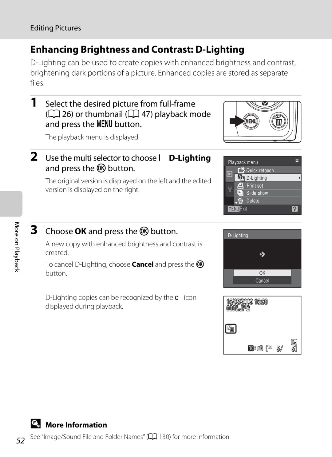 Nikon COOLPIXS220CB, COOLPIXS220P user manual Enhancing Brightness and Contrast D-Lighting, Choose OK and press the k button 