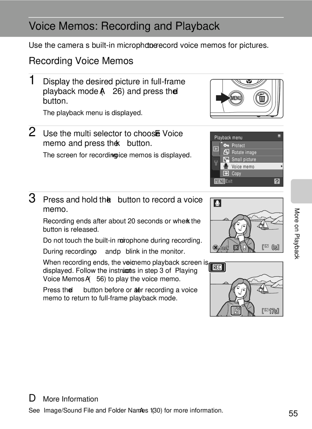 Nikon COOLPIXS220CB, COOLPIXS220P, COOLPIXS220GB user manual Voice Memos Recording and Playback, Recording Voice Memos 