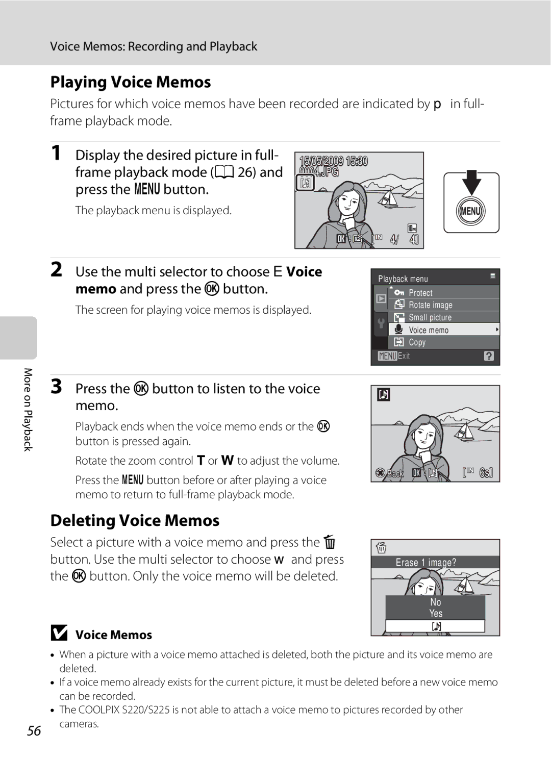 Nikon COOLPIXS220GB user manual Playing Voice Memos, Deleting Voice Memos, Press the k button to listen to the voice memo 