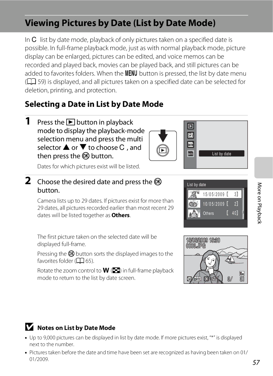 Nikon COOLPIXS220P, COOLPIXS220CB Viewing Pictures by Date List by Date Mode, Selecting a Date in List by Date Mode 