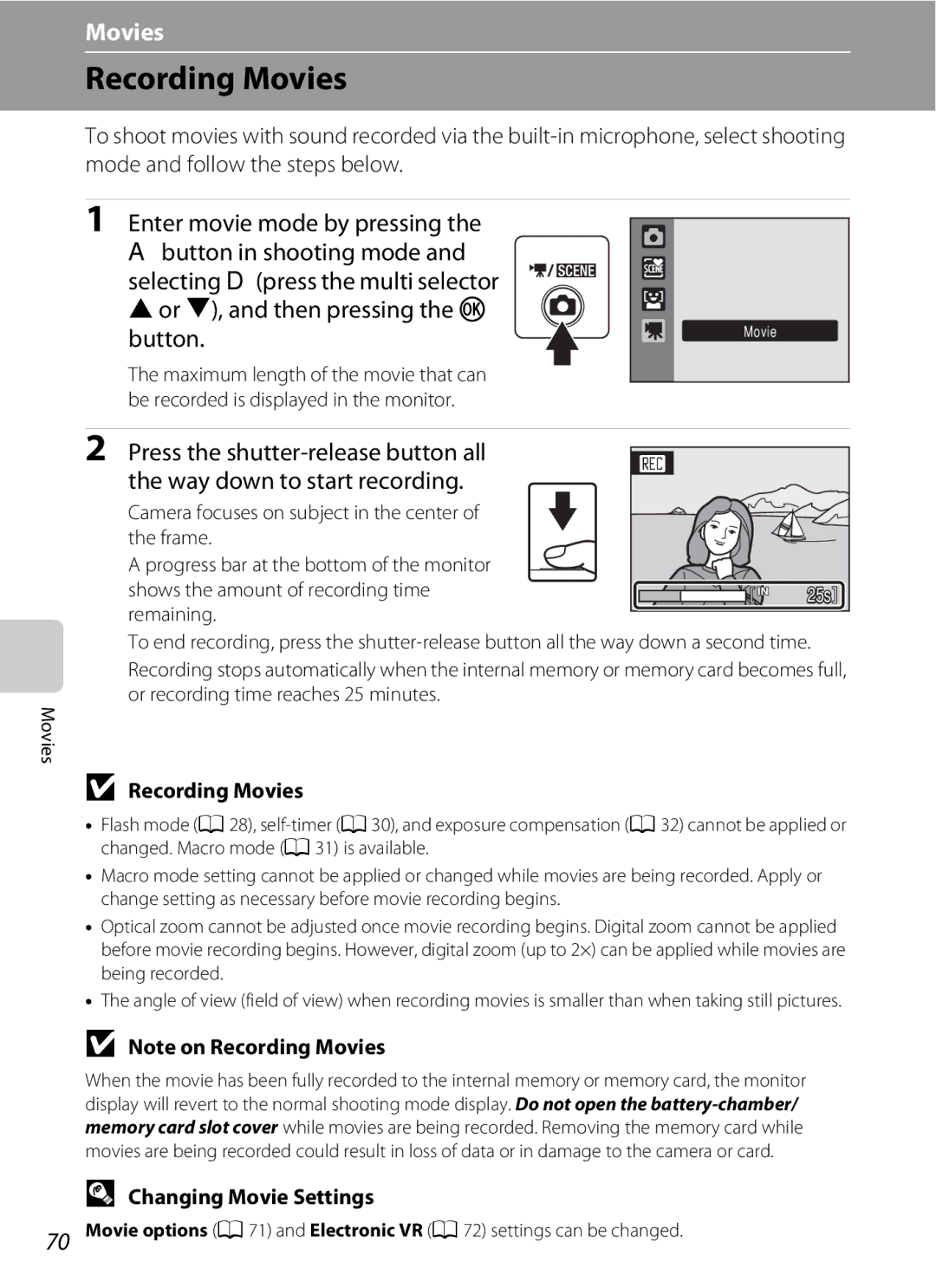 Nikon COOLPIXS220CB, COOLPIXS220P, COOLPIXS220GB user manual Recording Movies, Changing Movie Settings 