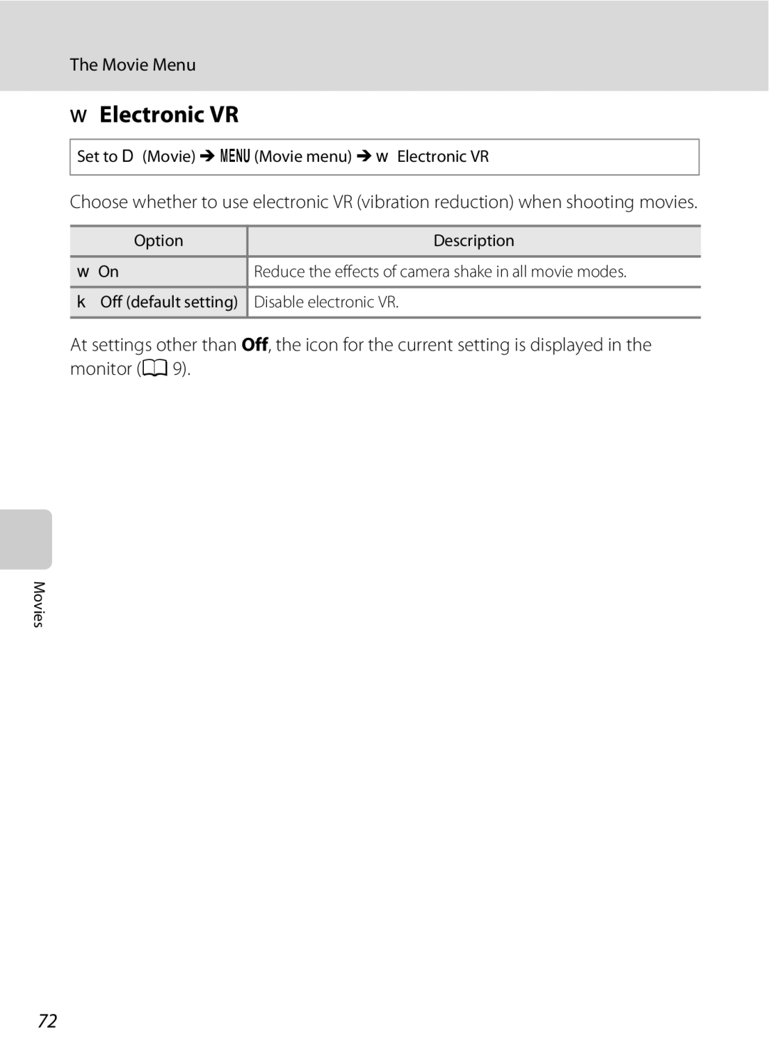 Nikon COOLPIXS220P, COOLPIXS220CB, COOLPIXS220GB user manual Movie Menu, Set to DMovie M dMovie menu M w Electronic VR 