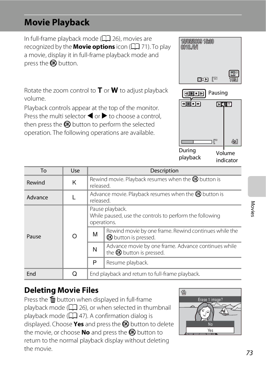 Nikon COOLPIXS220CB user manual Movie Playback, Deleting Movie Files, Rotate the zoom control to g or f to adjust playback 