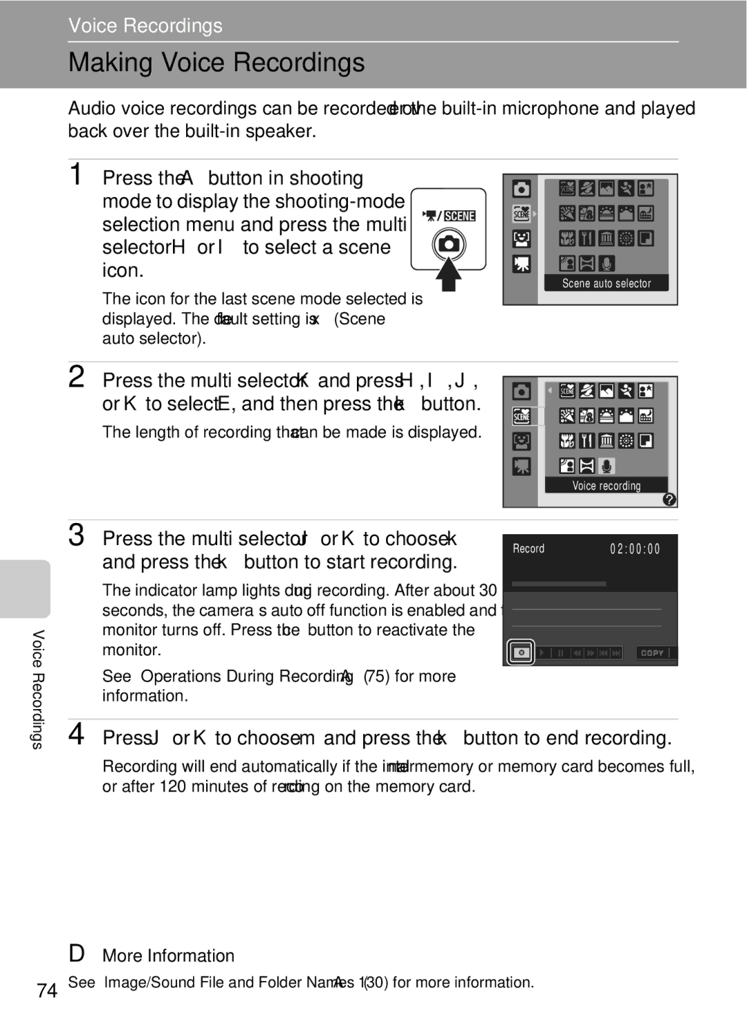 Nikon COOLPIXS220GB, COOLPIXS220P, COOLPIXS220CB Making Voice Recordings, Length of recording that can be made is displayed 