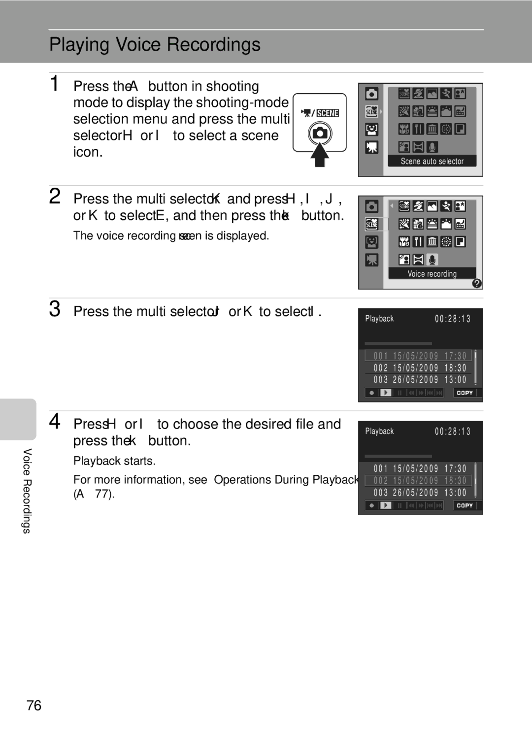 Nikon COOLPIXS220CB, COOLPIXS220P, COOLPIXS220GB Playing Voice Recordings, Press the multi selector Jor K to select l 