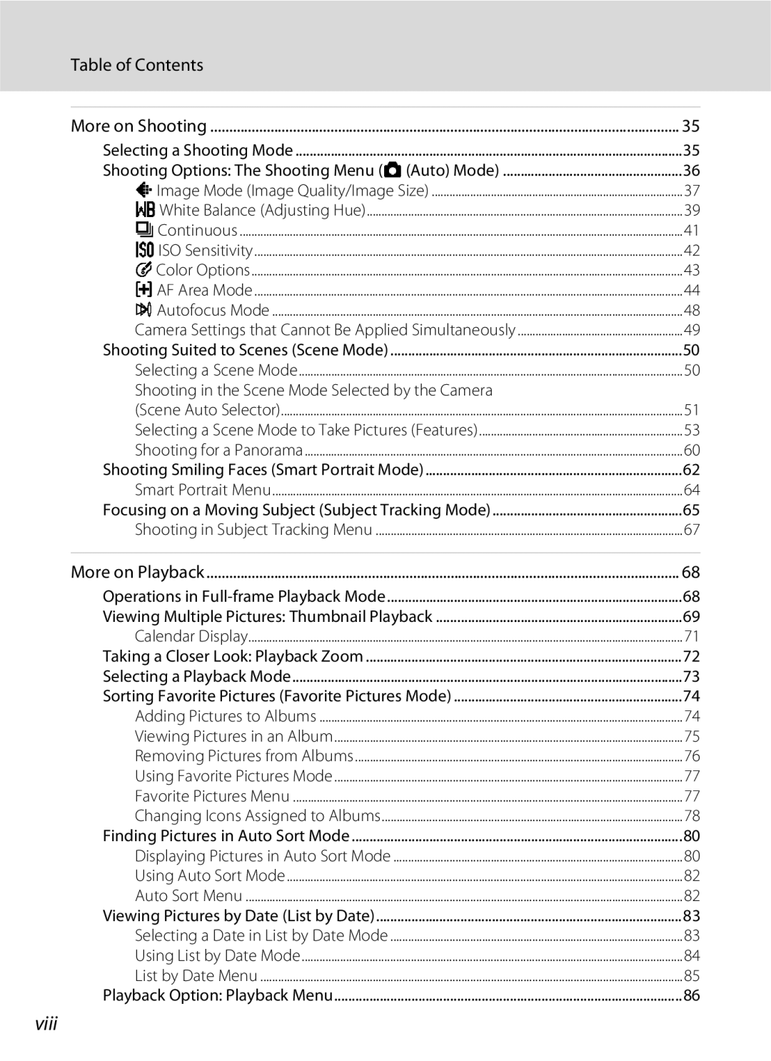 Nikon COOLPIXS3000BLK, COOLPIXS3000P user manual Viii, Table of Contents 