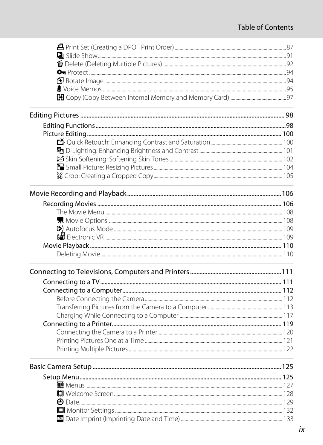 Nikon COOLPIXS3000P, COOLPIXS3000BLK user manual 106, 111, 125 