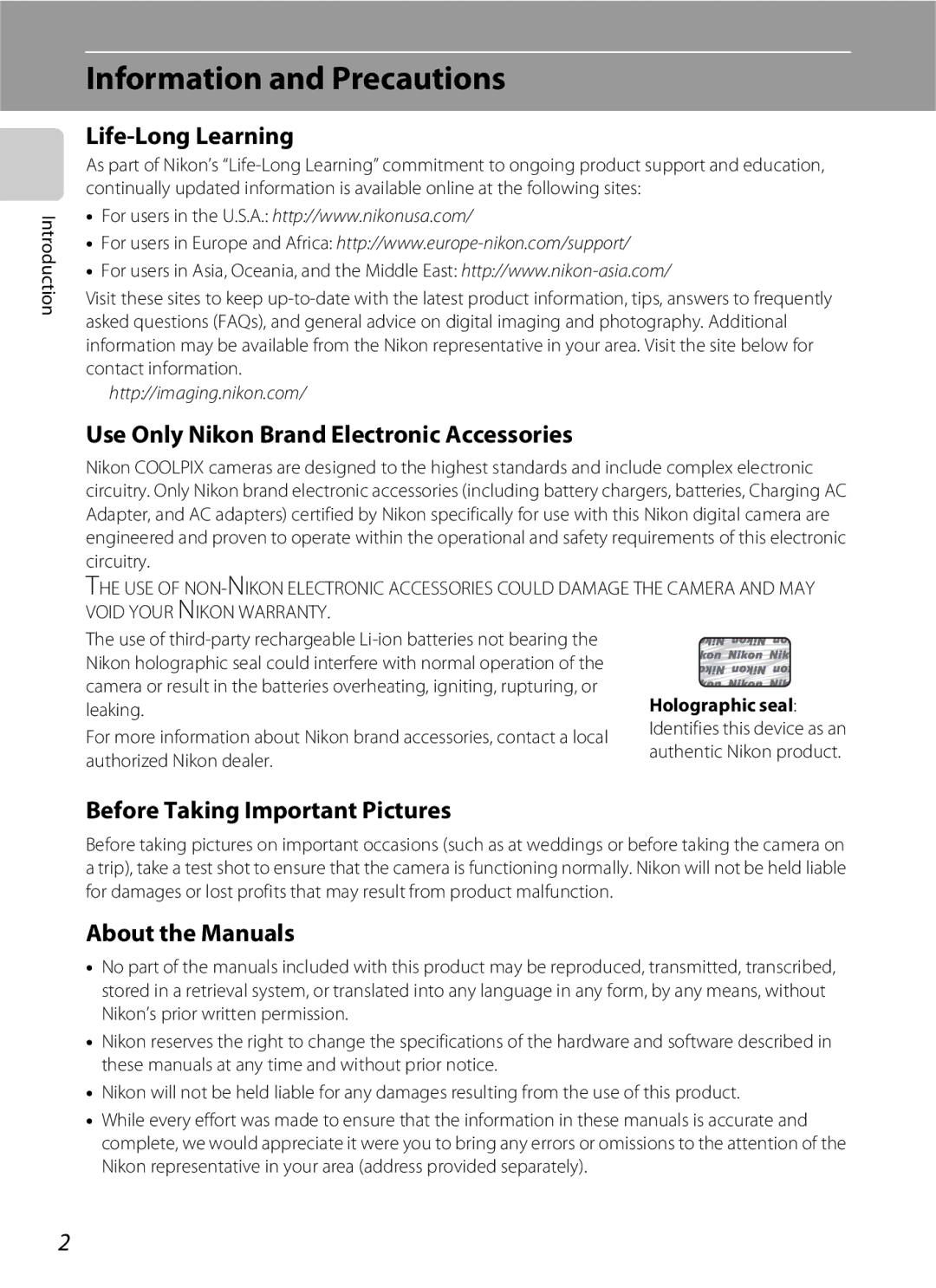 Nikon COOLPIXS3000P Information and Precautions, Life-Long Learning, Use Only Nikon Brand Electronic Accessories 