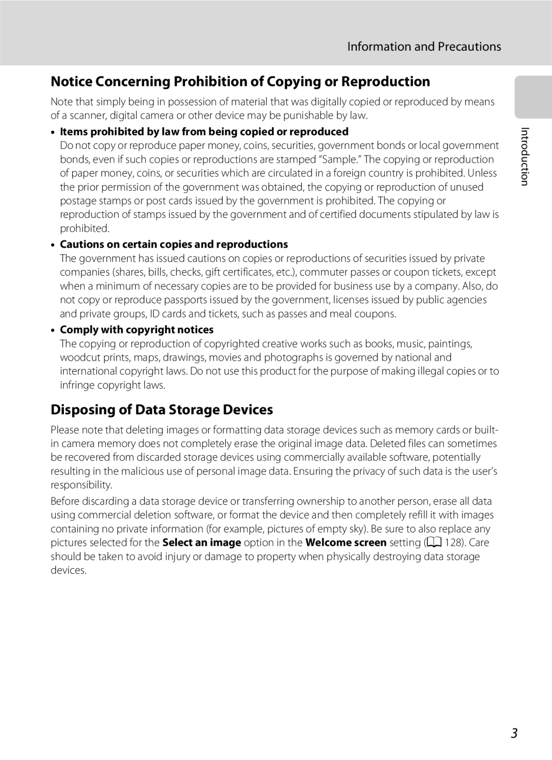 Nikon COOLPIXS3000P, COOLPIXS3000BLK user manual Disposing of Data Storage Devices, Information and Precautions 