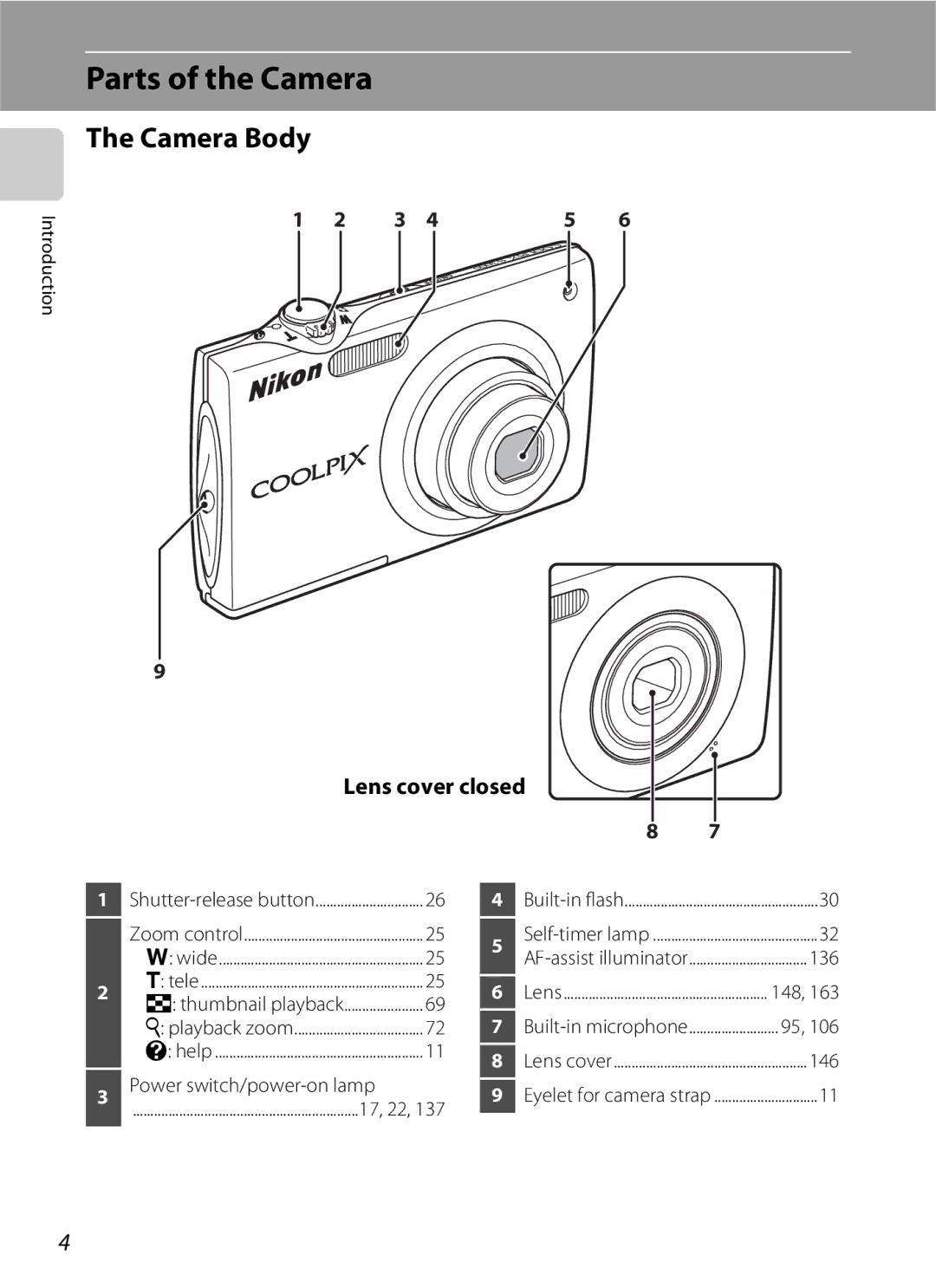 Nikon COOLPIXS3000BLK, COOLPIXS3000P user manual Parts of the Camera, Camera Body, Lens cover closed 