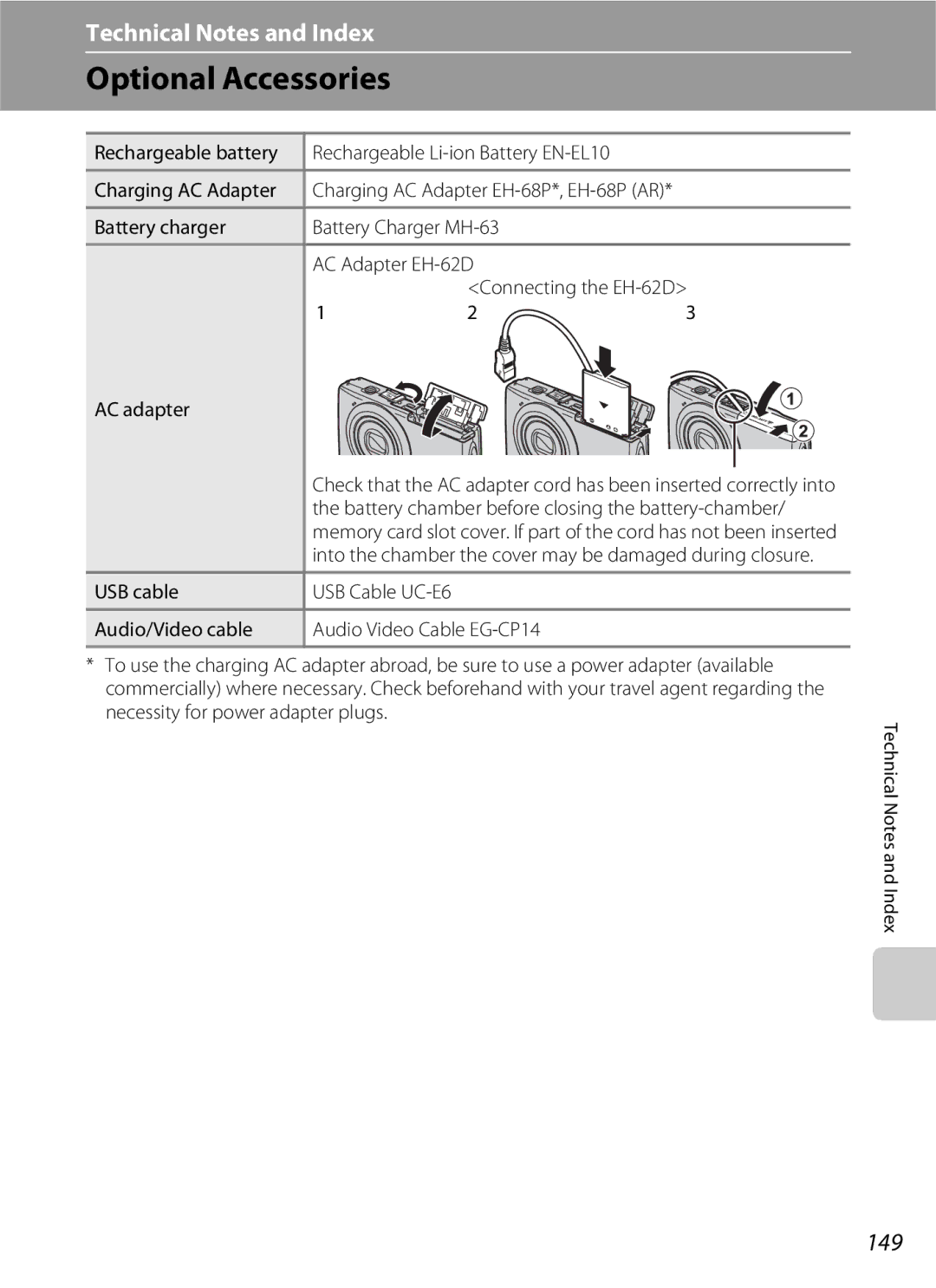 Nikon COOLPIXS3000P, COOLPIXS3000BLK user manual Optional Accessories, 149, Rechargeable Li-ion Battery EN-EL10 