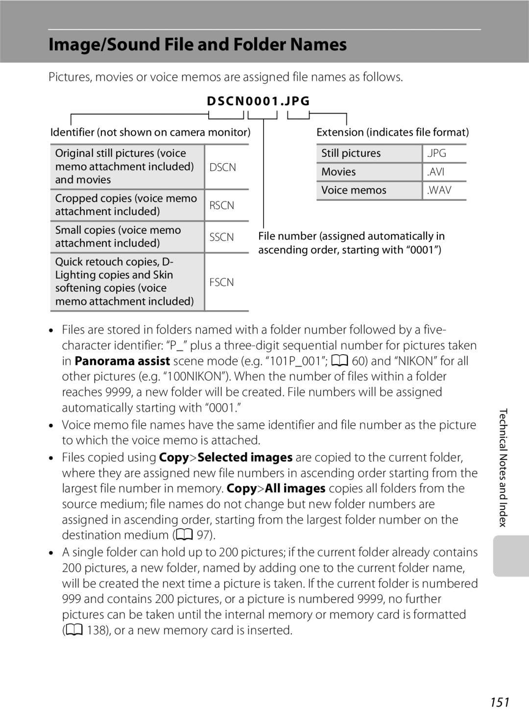 Nikon COOLPIXS3000BLK, COOLPIXS3000P user manual Image/Sound File and Folder Names, 151, Dscn 0001 .JPG 