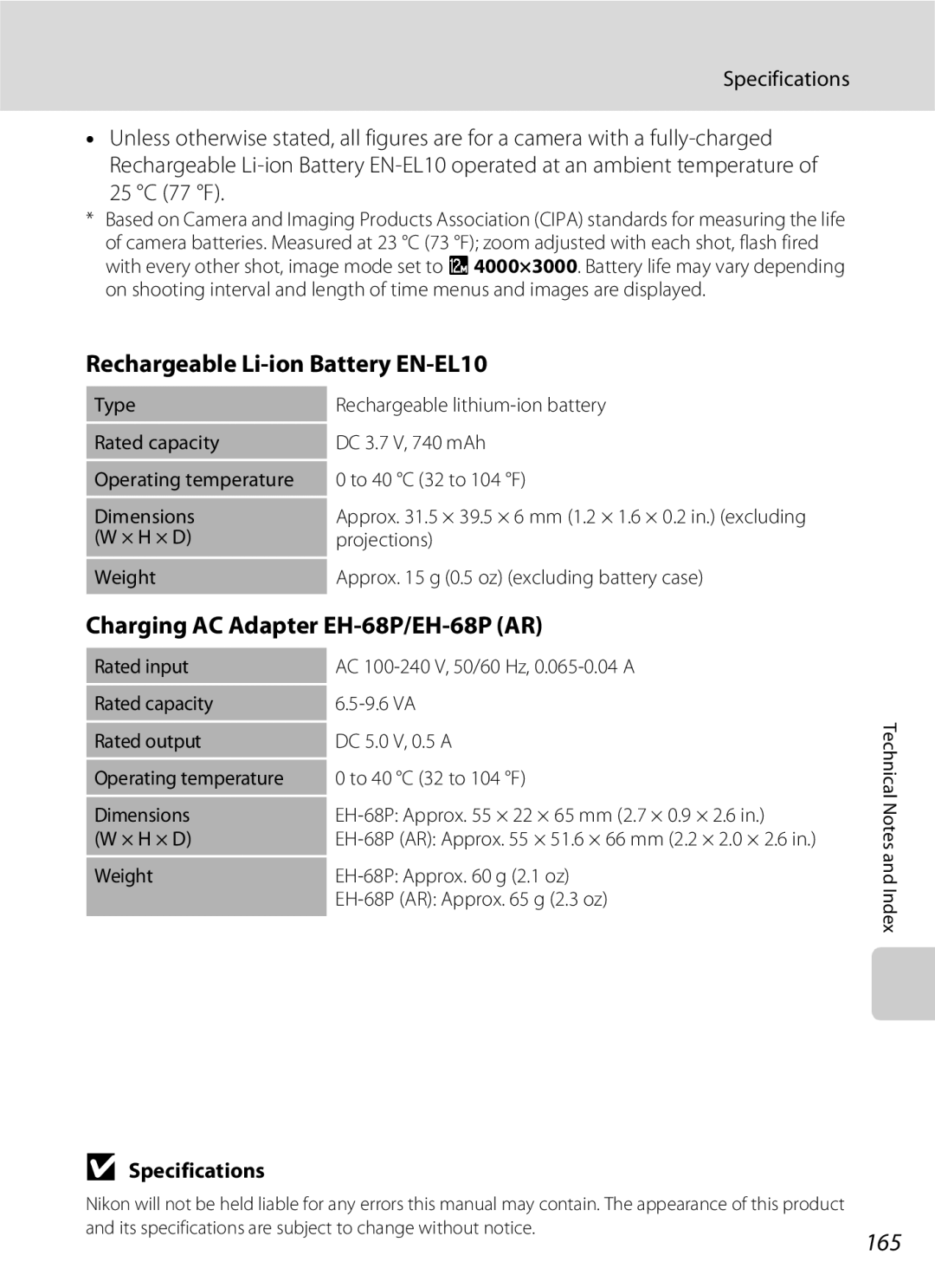 Nikon COOLPIXS3000P user manual Rechargeable Li-ion Battery EN-EL10, Charging AC Adapter EH-68P/EH-68P AR, 165, 25 C 77 F 