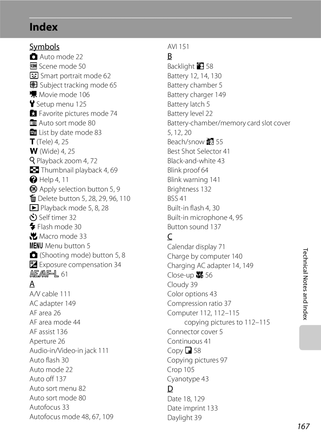 Nikon COOLPIXS3000P, COOLPIXS3000BLK user manual Index, Symbols, 167, Avi 