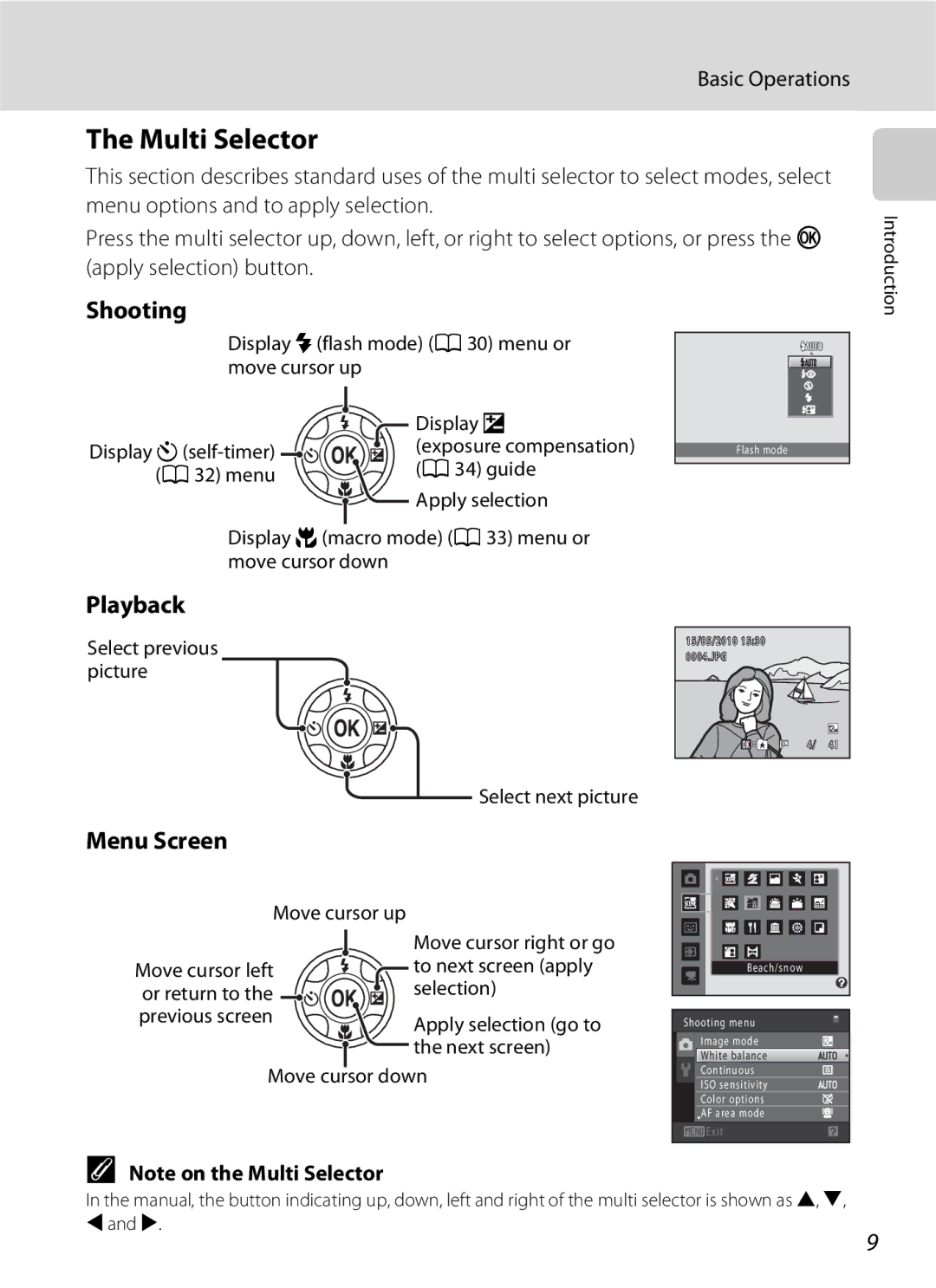 Nikon COOLPIXS3000P, COOLPIXS3000BLK user manual Multi Selector, Shooting, Playback, Menu Screen, Basic Operations 