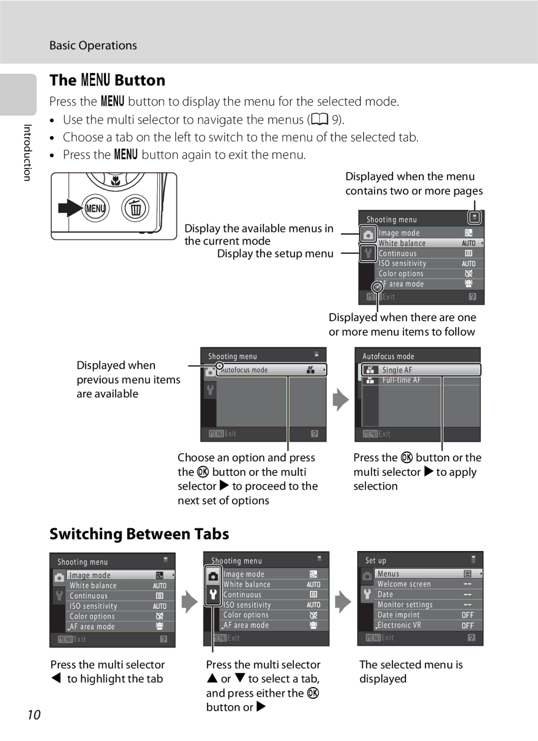 Nikon COOLPIXS3000BLK D Button, Switching Between Tabs, Press the multi selector, To highlight the tab, Button or K 