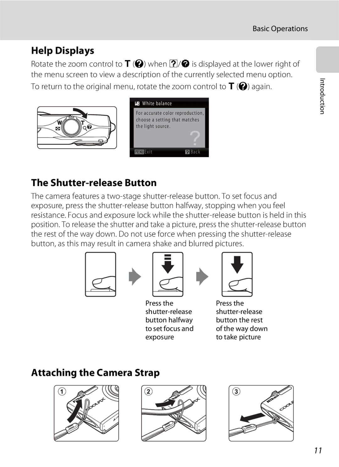 Nikon COOLPIXS3000P Help Displays, Shutter-release Button, Attaching the Camera Strap, Exposure To take picture 