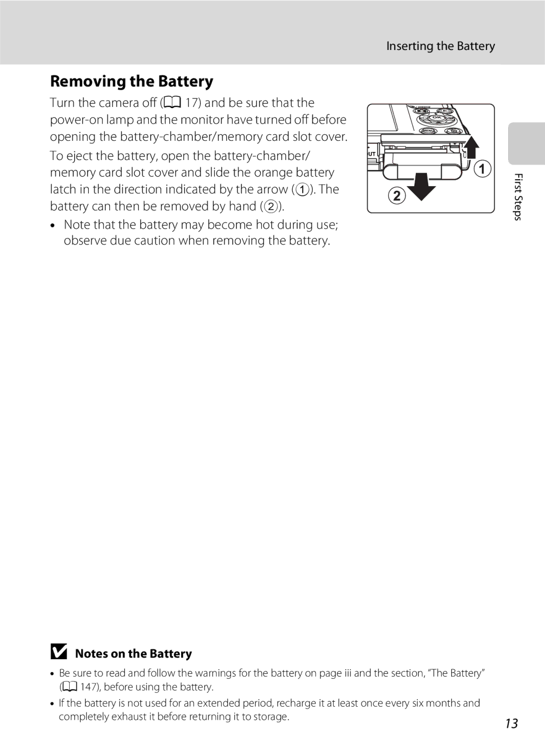 Nikon COOLPIXS3000BLK, COOLPIXS3000P user manual Removing the Battery, Inserting the Battery 