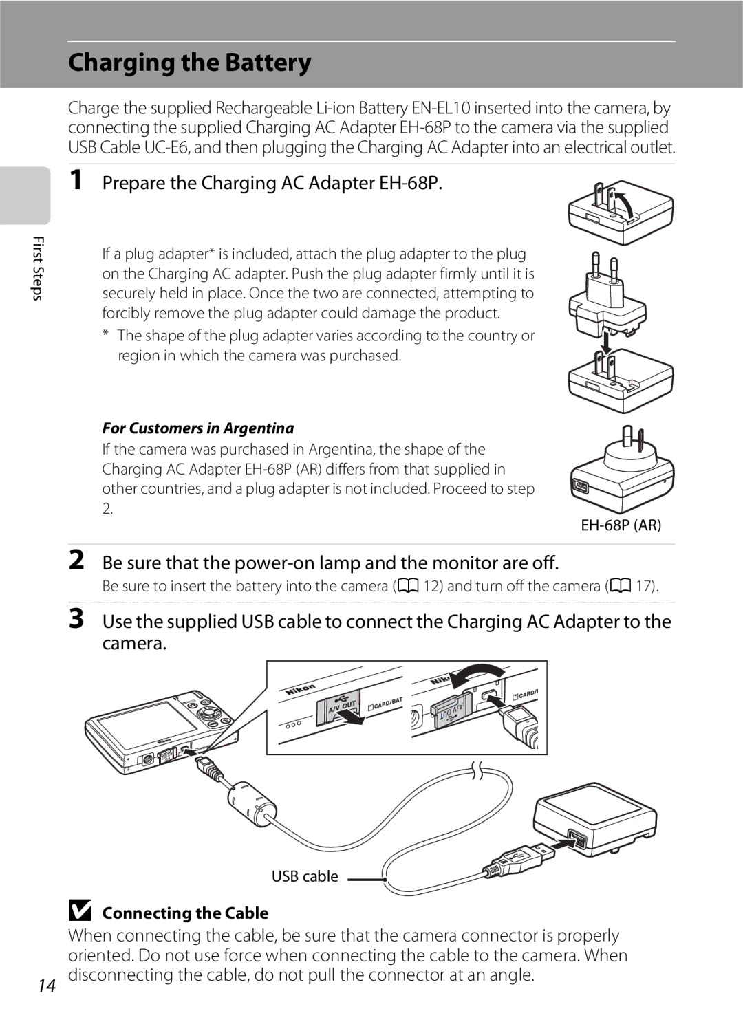 Nikon COOLPIXS3000P Charging the Battery, Prepare the Charging AC Adapter EH-68P, Connecting the Cable, USB cable 