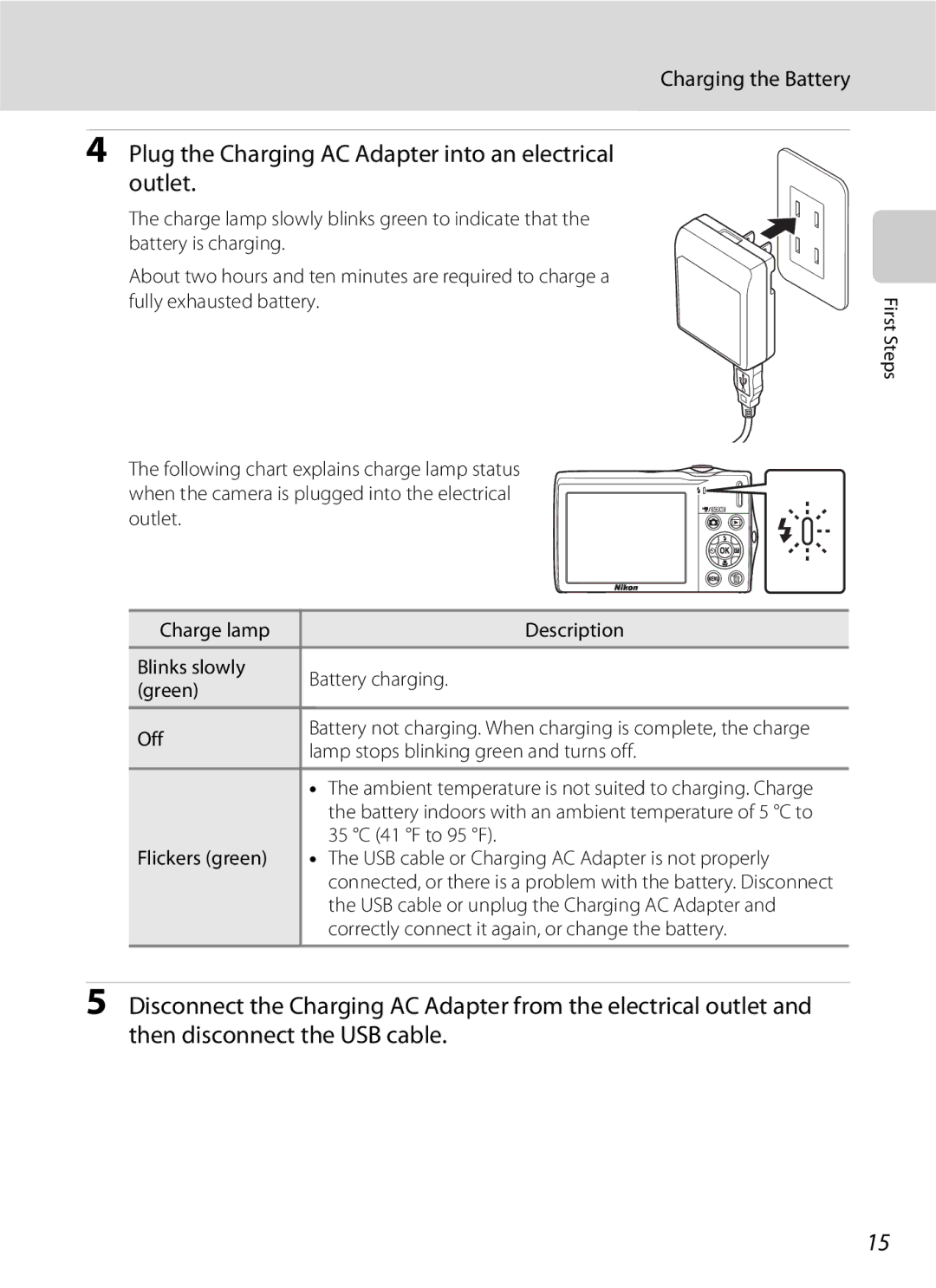 Nikon COOLPIXS3000P, COOLPIXS3000BLK Plug the Charging AC Adapter into an electrical outlet, Charging the Battery 