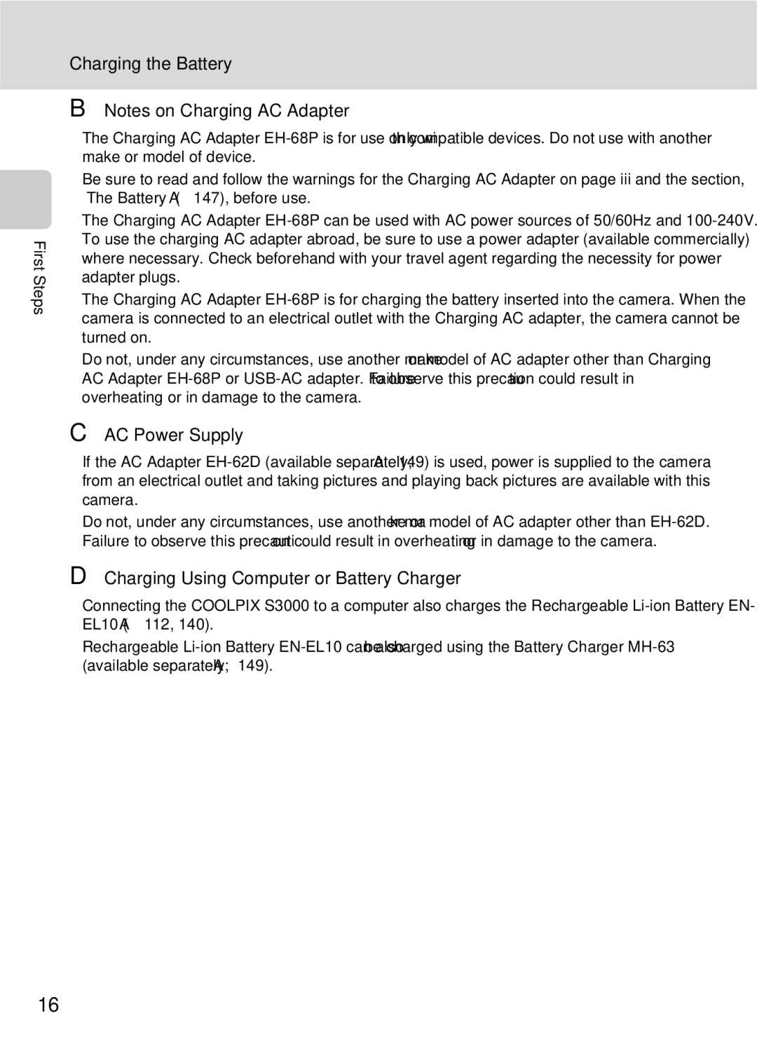 Nikon COOLPIXS3000BLK, COOLPIXS3000P user manual AC Power Supply, Charging Using Computer or Battery Charger 