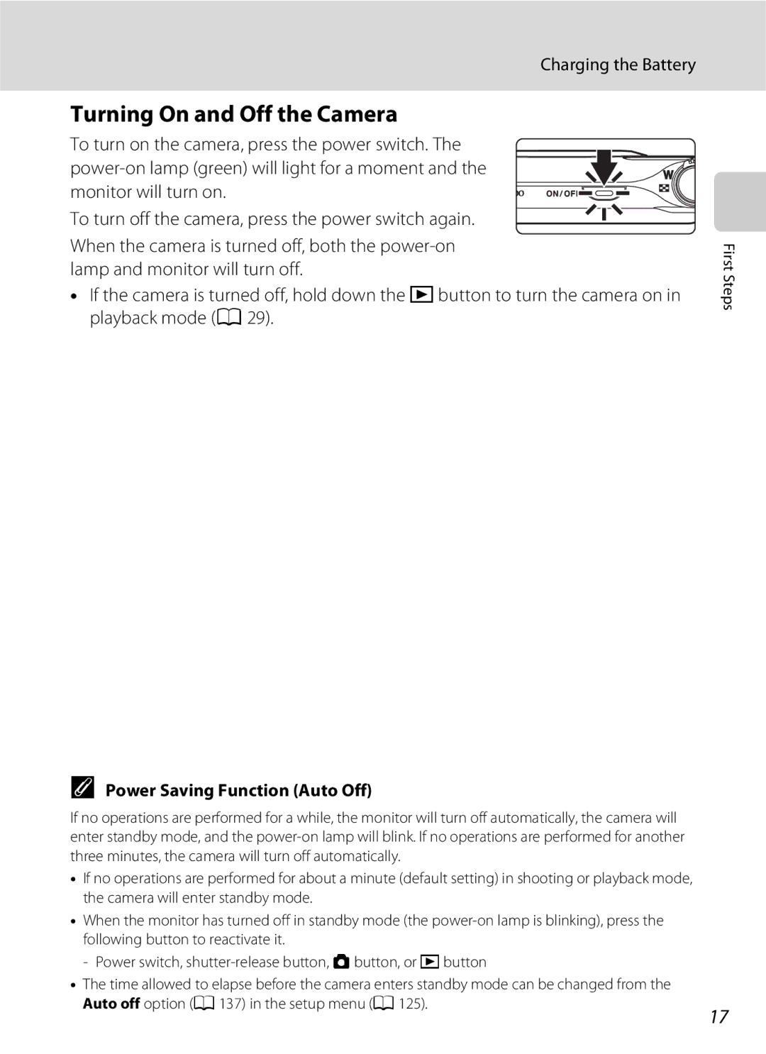 Nikon COOLPIXS3000P, COOLPIXS3000BLK user manual Turning On and Off the Camera, Power Saving Function Auto Off 