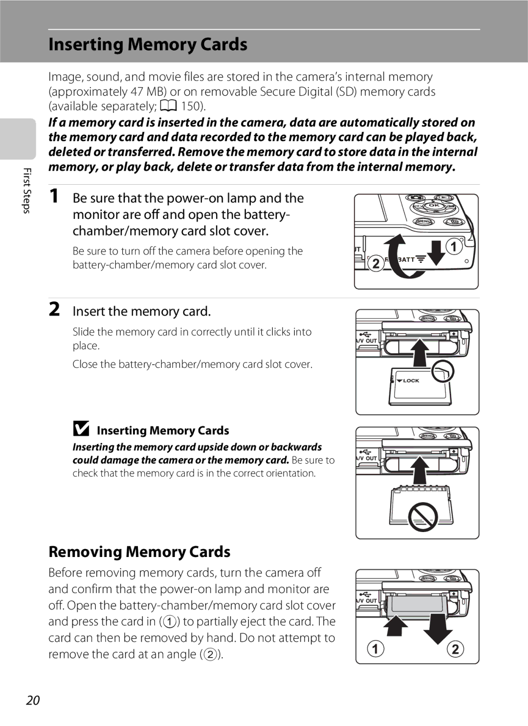 Nikon COOLPIXS3000P, COOLPIXS3000BLK user manual Inserting Memory Cards, Removing Memory Cards, Insert the memory card 