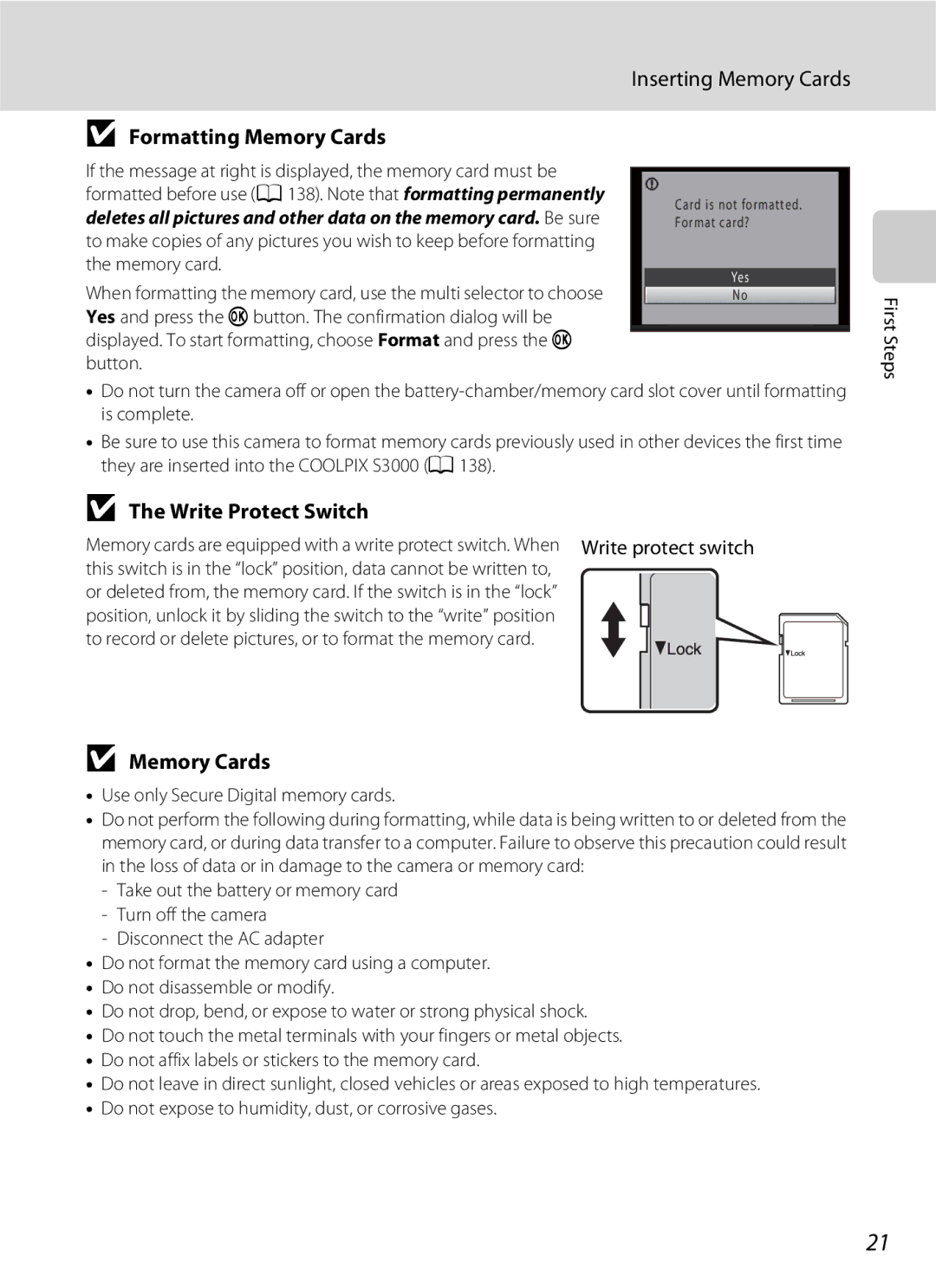 Nikon COOLPIXS3000P, COOLPIXS3000BLK user manual Inserting Memory Cards, Formatting Memory Cards, Write Protect Switch 