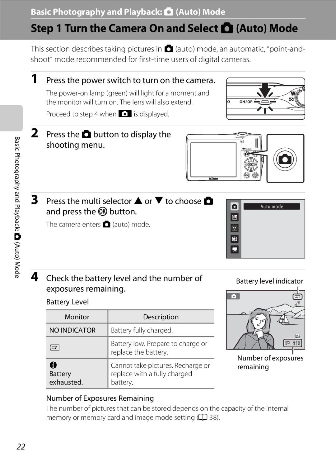 Nikon COOLPIXS3000BLK, COOLPIXS3000P user manual Turn the Camera On and Select AAuto Mode, Press the k button, Battery Level 