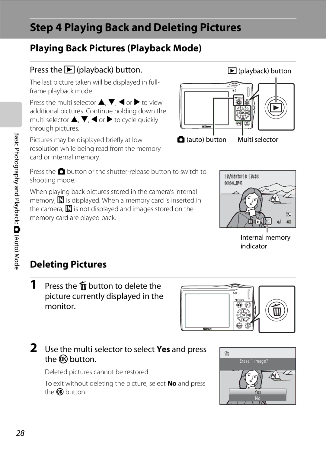 Nikon COOLPIXS3000BLK Playing Back and Deleting Pictures, Playing Back Pictures Playback Mode, Press the cplayback button 