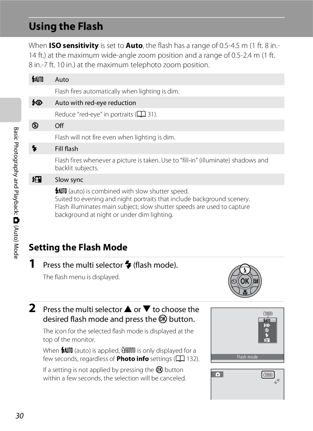 Nikon COOLPIXS3000P Using the Flash, Setting the Flash Mode, Press the multi selector mflash mode, Flash menu is displayed 