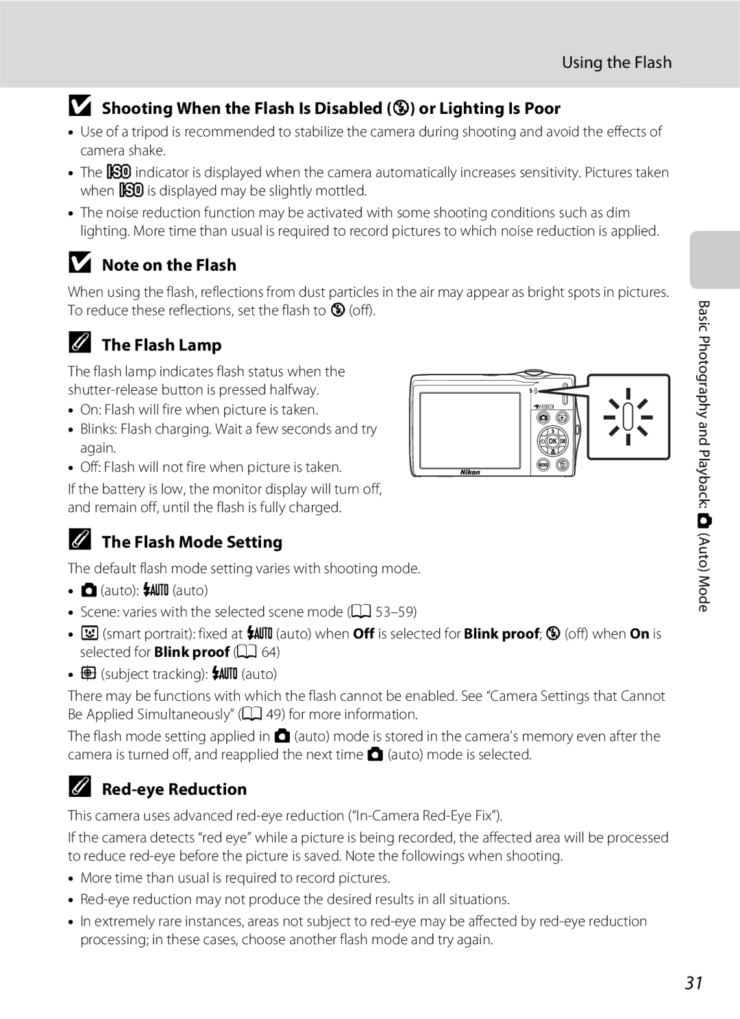 Nikon COOLPIXS3000BLK user manual Using the Flash, Shooting When the Flash Is Disabled W or Lighting Is Poor, Flash Lamp 