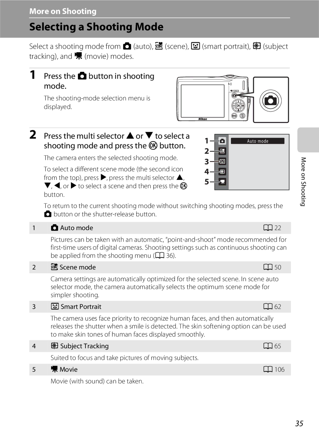 Nikon S3000 Selecting a Shooting Mode, Press the Abutton in shooting mode, Shooting-mode selection menu is displayed 