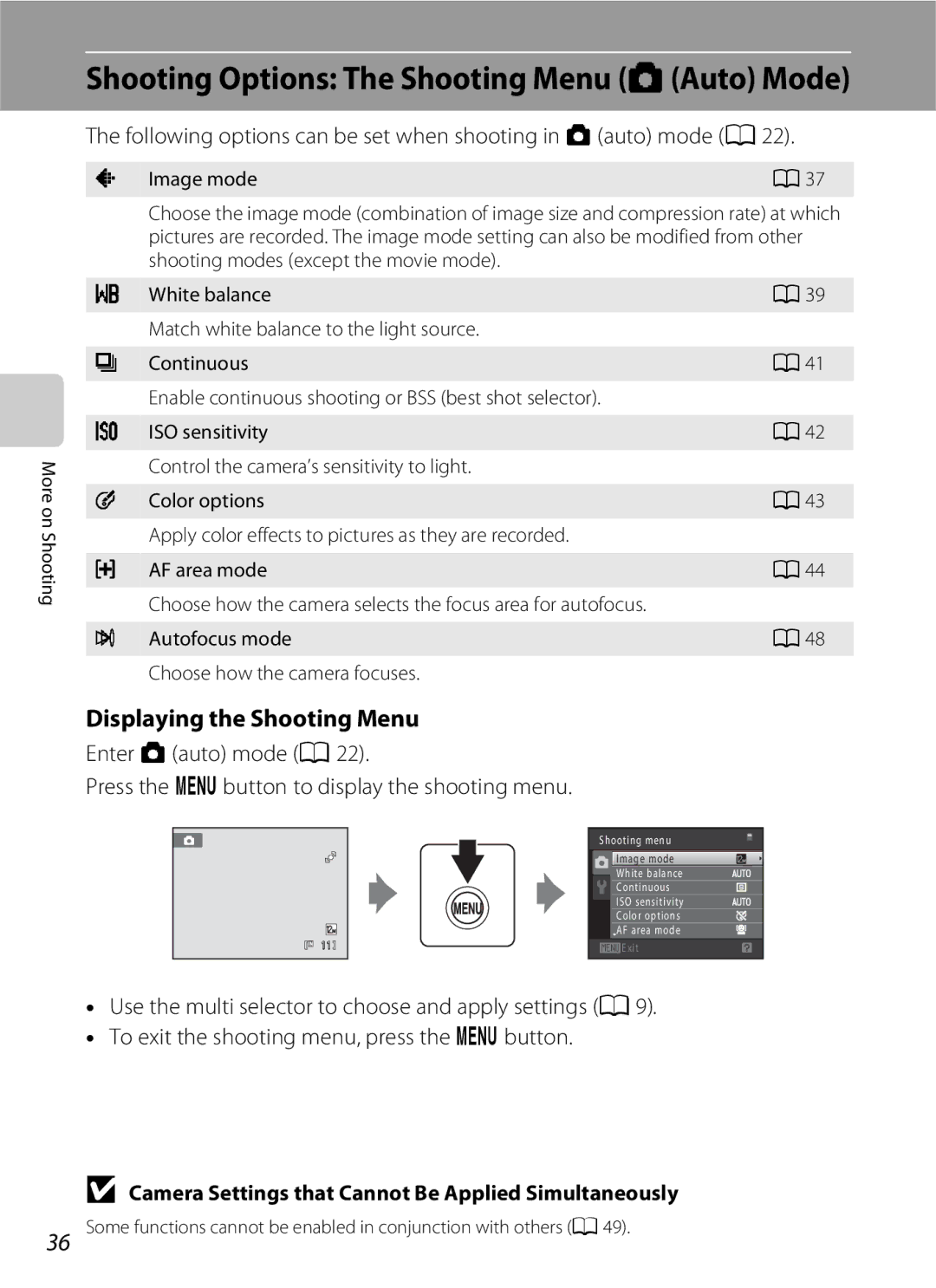 Nikon COOLPIXS3000P, COOLPIXS3000BLK user manual Shooting Options The Shooting Menu AAuto Mode, Displaying the Shooting Menu 