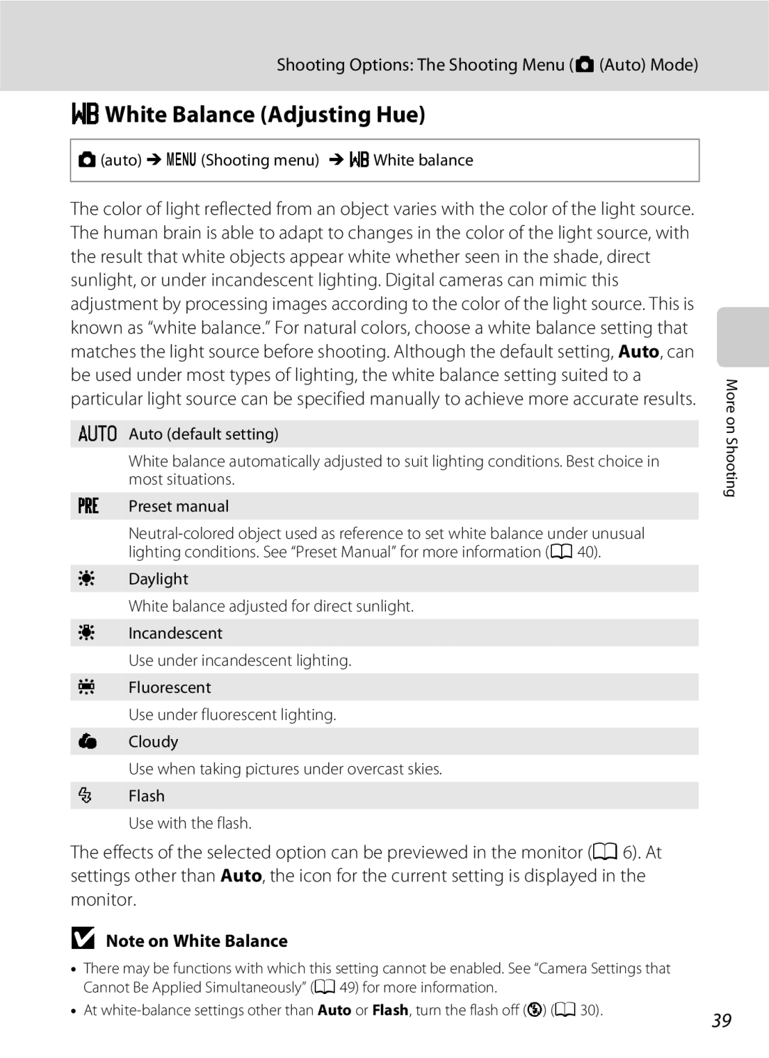 Nikon COOLPIXS3000P, COOLPIXS3000BLK user manual BWhite Balance Adjusting Hue, Auto M d Shooting menu M BWhite balance 