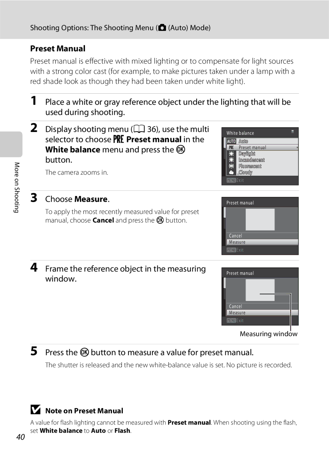 Nikon COOLPIXS3000BLK, COOLPIXS3000P Preset Manual, Choose Measure, Frame the reference object in the measuring window 