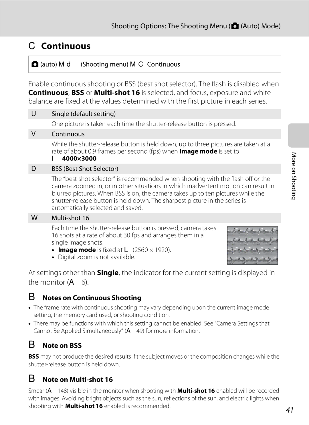 Nikon COOLPIXS3000P, COOLPIXS3000BLK Auto M d Shooting menu M CContinuous, 4000×3000, BSS Best Shot Selector 