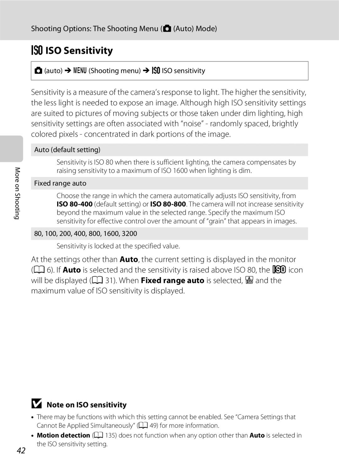 Nikon COOLPIXS3000P Eiso Sensitivity, Auto M d Shooting menu M Eiso sensitivity, Auto default setting, Fixed range auto 