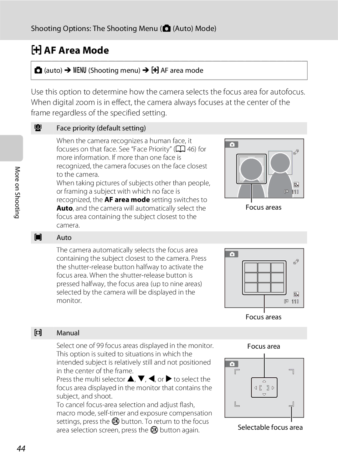 Nikon S3000 GAF Area Mode, Auto M d Shooting menu M GAF area mode, Focus areas Manual, Focus area Selectable focus area 