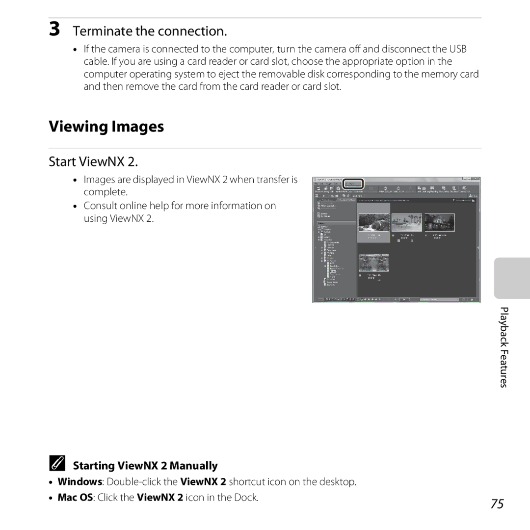 Nikon S31 White, COOLPIXS31YEL manual Viewing Images, Terminate the connection, Start ViewNX, Starting ViewNX 2 Manually 