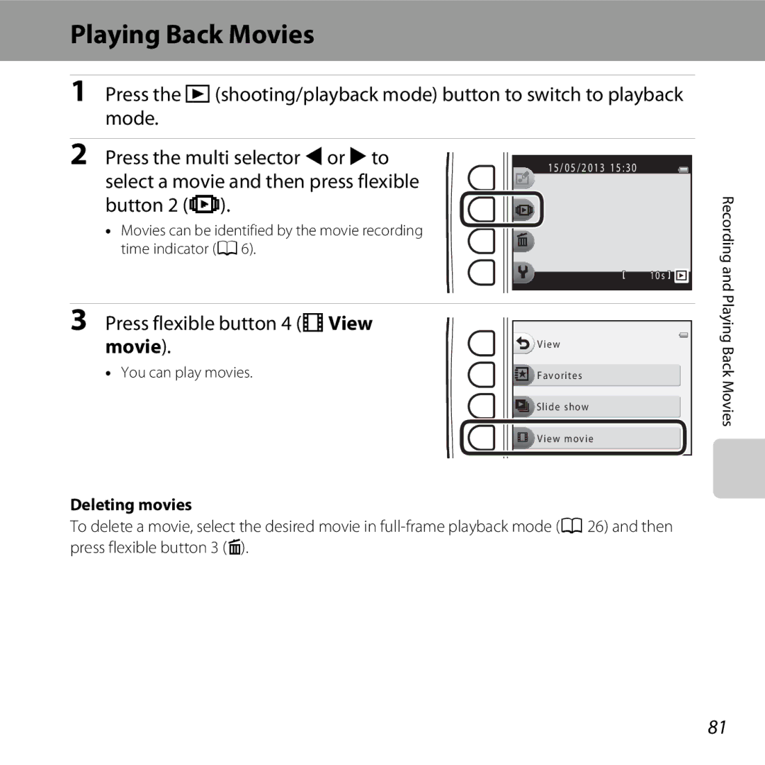 Nikon S31 White manual Playing Back Movies, Press flexible button 4 GView movie, Deleting movies, You can play movies 