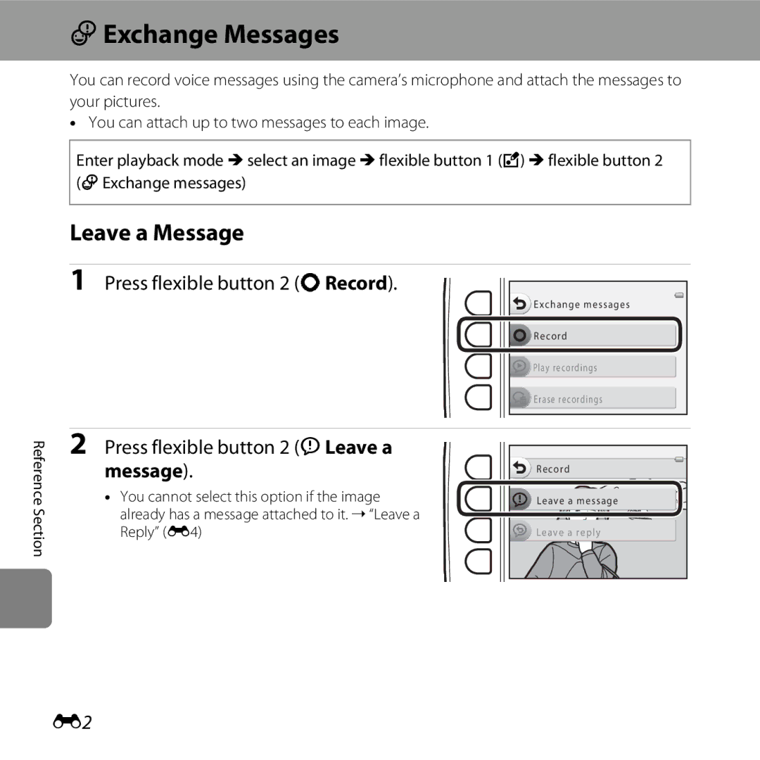 Nikon S31 EExchange Messages, Leave a Message, Press flexible button 2 qRecord, Press flexible button 2 ILeave a message 