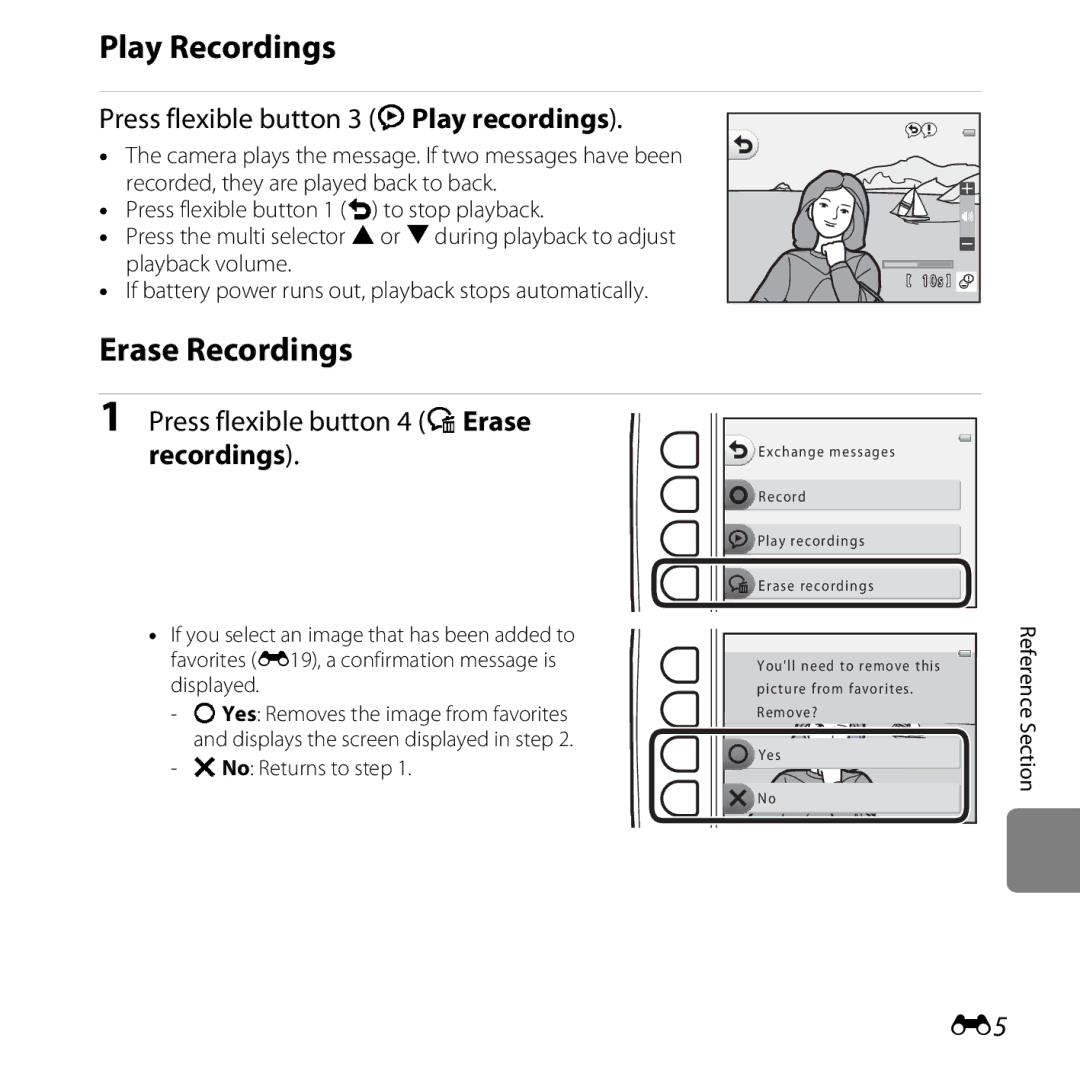 Nikon COOLPIXS31WHT manual Play Recordings, Erase Recordings, Press flexible button 3 KPlay recordings, SNo Returns to step 