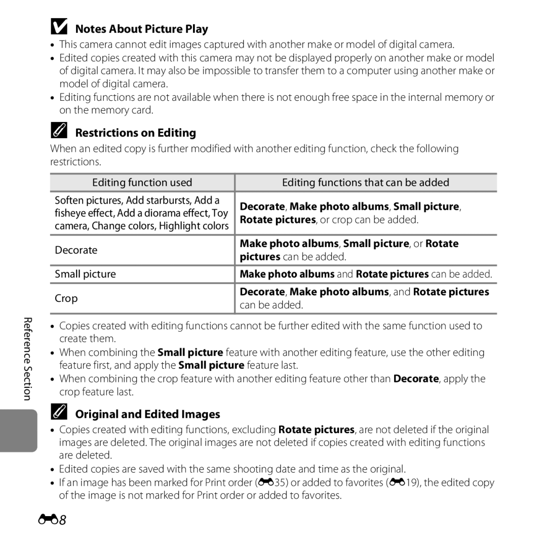 Nikon COOLPIXS31YEL Restrictions on Editing, Original and Edited Images, Decorate, Make photo albums, Small picture 