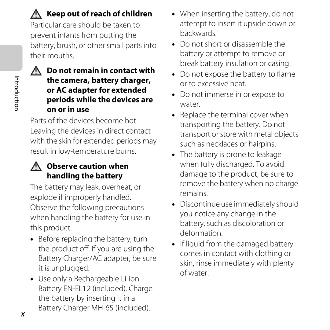 Nikon COOLPIXS31YEL, COOLPIXS31WHT, COOLPIXS31BLUE Keep out of reach of children, Observe caution when handling the battery 