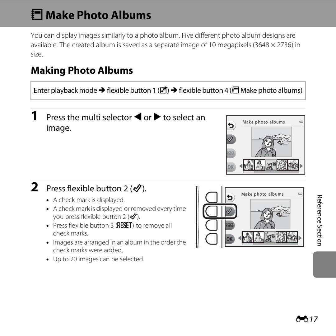 Nikon COOLPIXS31WHT manual DMake Photo Albums, Making Photo Albums, Press the multi selector Jor Kto select an image, E17 