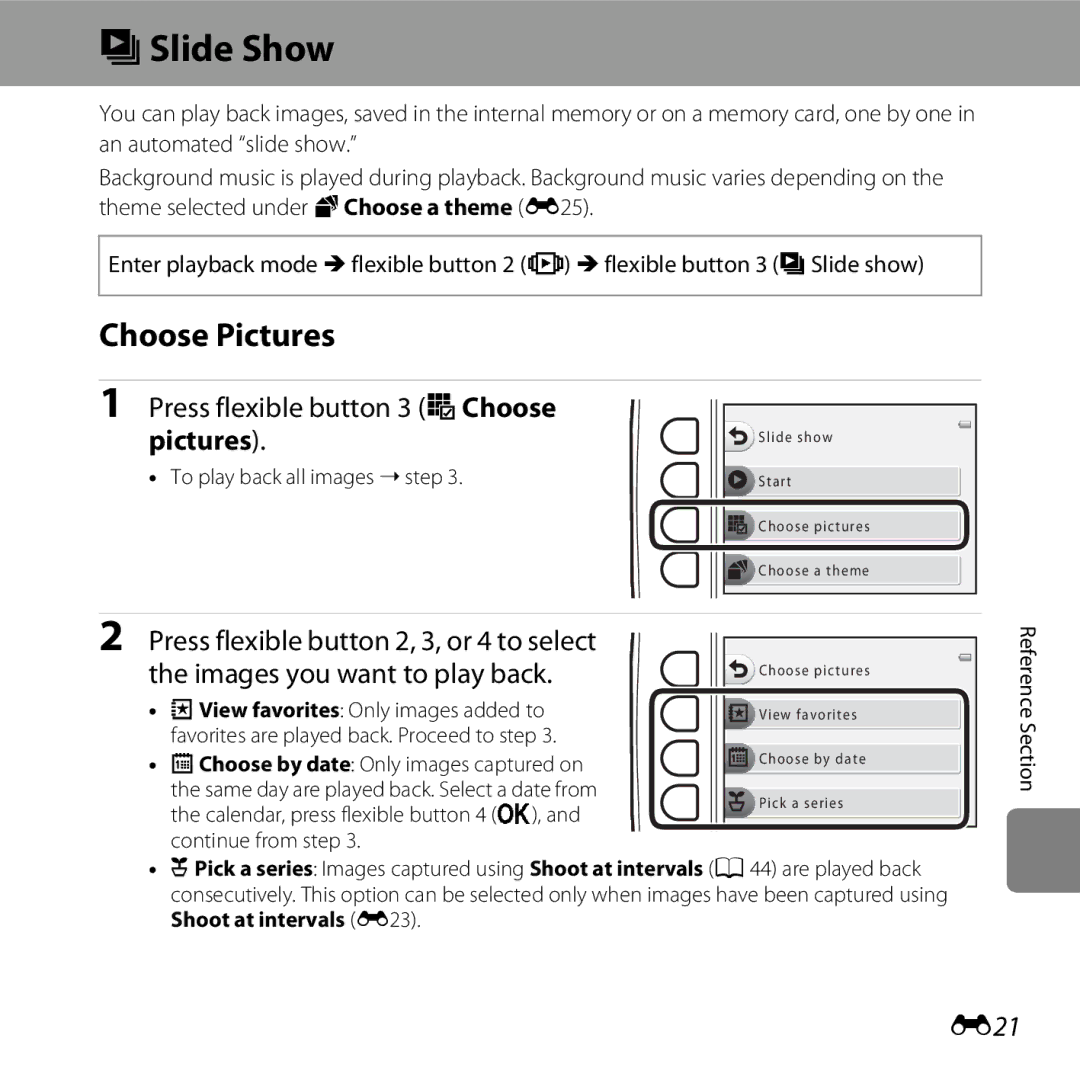 Nikon S31 White, COOLPIXS31YEL, COOLPIXS31WHT manual MSlide Show, Choose Pictures, Press flexible button 3 oChoose, E21 