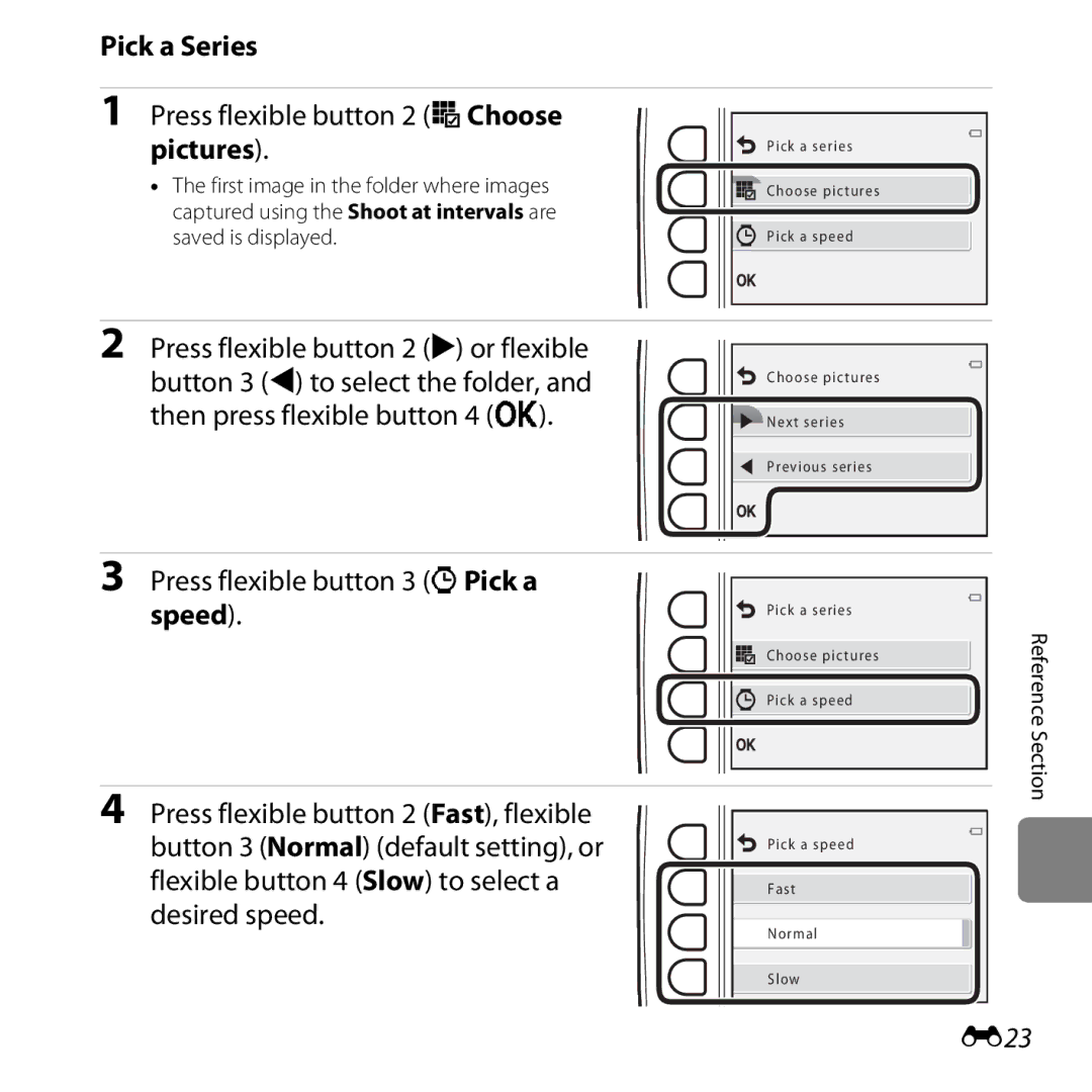 Nikon COOLPIXS31WHT manual Pick a Series, Press flexible button 2 oChoose pictures, Press flexible button 3 nPick a, E23 