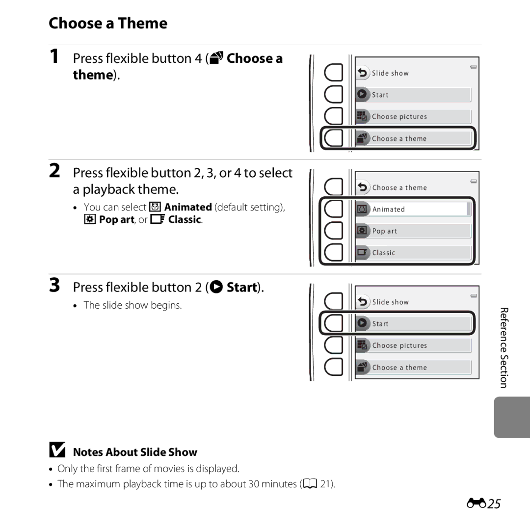 Nikon COOLPIXS31PNK, COOLPIXS31YEL, COOLPIXS31WHT, S31 White Choose a Theme, Press flexible button 4 nChoose a theme, E25 